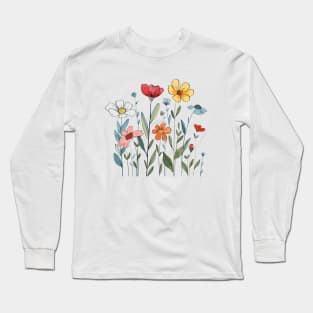 Meadow flowers line art spring vibe Long Sleeve T-Shirt